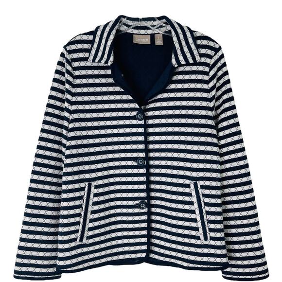 Chico’s blue white striped quilted coastal nautical preppy jacket medium - Picture 1 of 7
